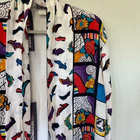 Vintage Multicolor Abstract Print Open Front Cardigan Lightweight Kimono Style - Picture 3 of 7